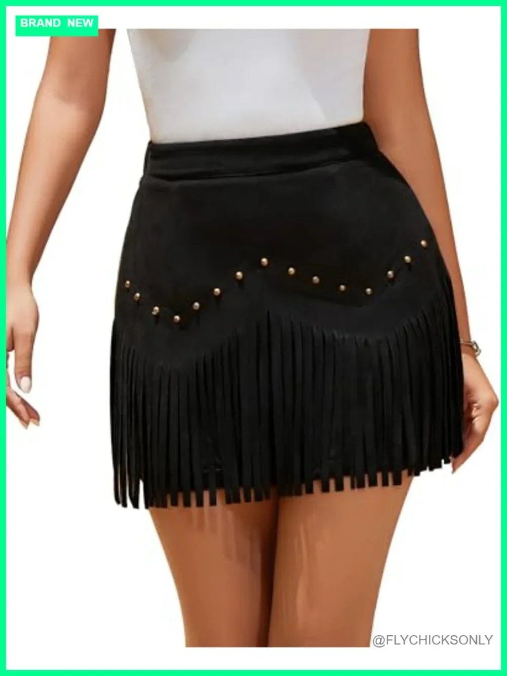 Faux Suede Fringe Mini Skirt High Waist Elastic Western Cowgirl Rivets Zipper